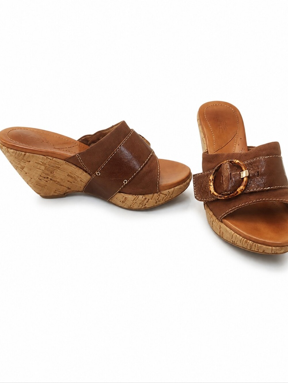 Naya Brown Leather Cork Wedge Slide Sandals Buckle Size 6M - Picture 2 of 4